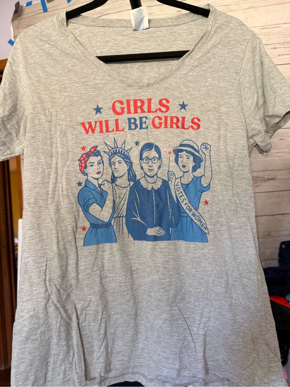 Amazon Girls Will Be Girls Graphic Tee - Light Gray with Red & Blue Print